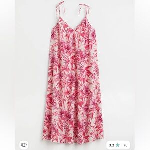 H&M Cotton A-Line Floral Midi Dress Pink white XL Boho Sundress Vacation Coastal